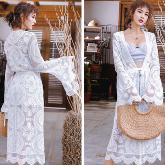 🎀 KIMONO ROBE CARDIGAN DUSTER LACE BOHO CHIC PURE WHITE BEACH SUMMER LONG MAXI - Picture 3 of 14